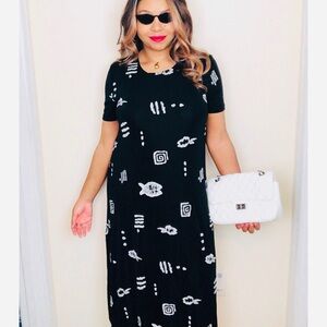 Vintage Jostar Fish Beach Coastal Artsy Black White Short Sleeve Plus 1X Midi